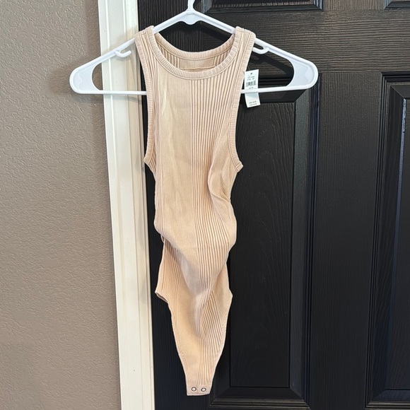 Cream Ribbed Bodysuit with High Neckline - Picture 1 of 4